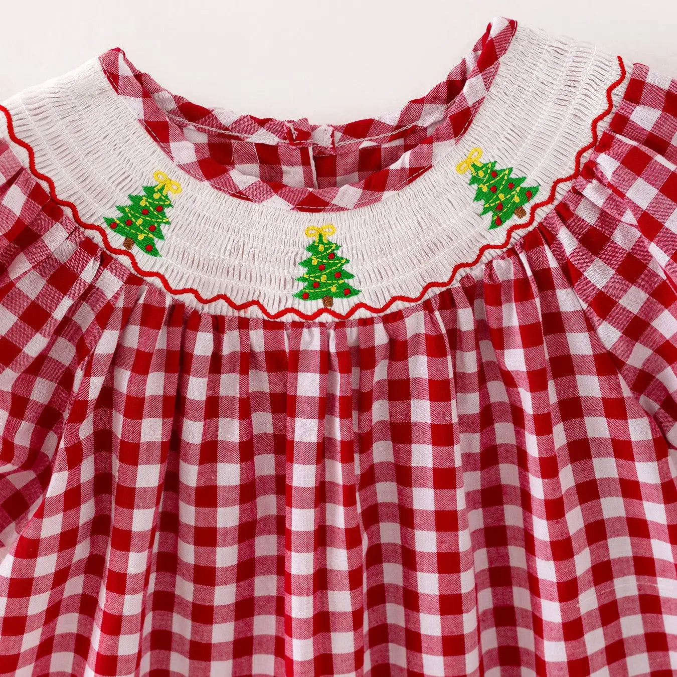 Red Christmas Tree Plaid Smocked Dress