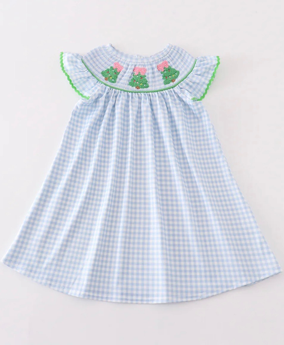 Blue Christmas Tree Smocked Dress