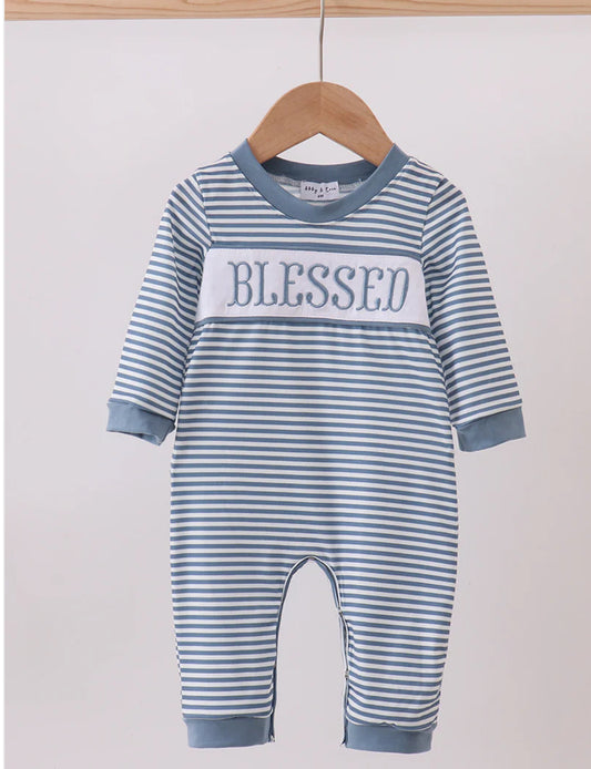 Blue Stripe BLESSED Romper