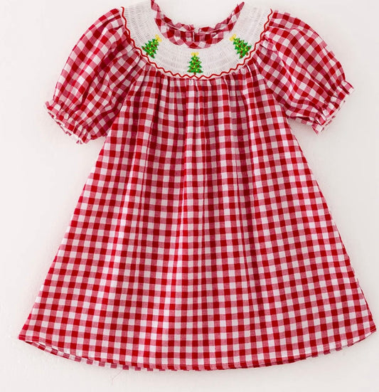 Red Christmas Tree Plaid Smocked Dress