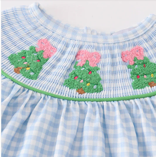 Blue Christmas Tree Smocked Dress